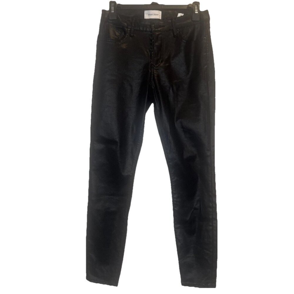 Dear John Womens Gisele Skinny Mid Rise Black Faux Leather Pants Sz 27 Stretch